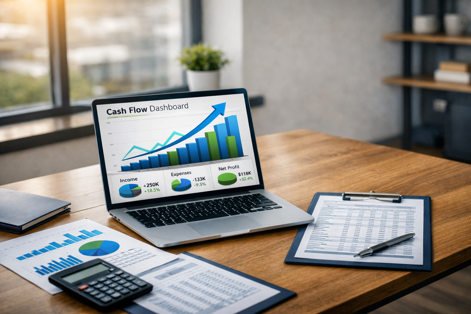 A clean corporate desk featuring a laptop displaying a cash flow dashboard with upward financial charts, surrounded by accounting reports, a calculator, and a clipboard under natural office lighting — symbolizing financial growth and success.