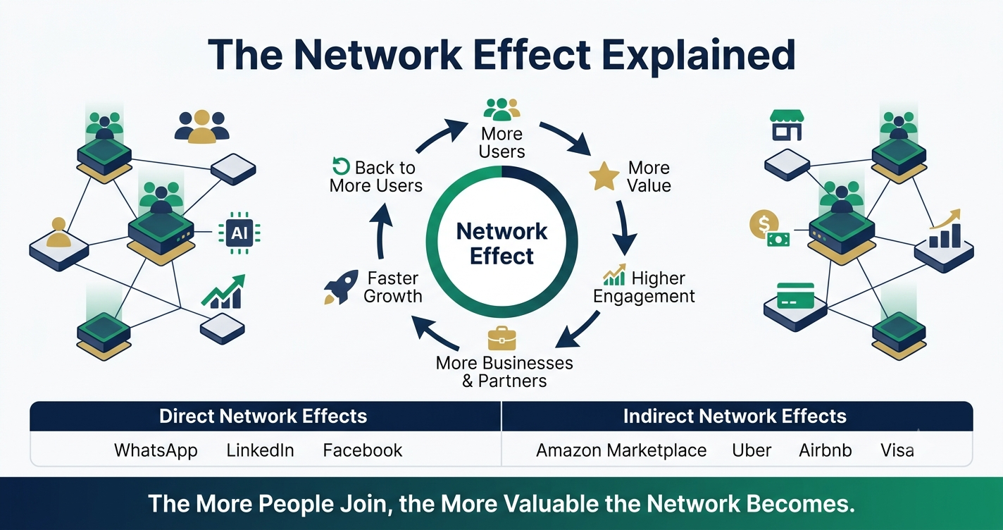 Infographic explaining the network effect with a growth flywheel, direct and indirect network effects, and real-world business examples.
