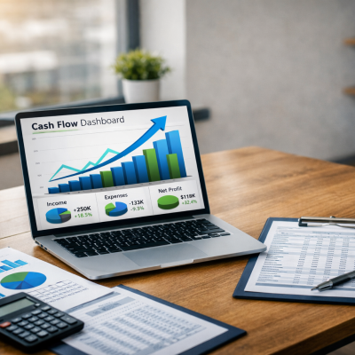 A clean corporate desk featuring a laptop displaying a cash flow dashboard with upward financial charts, surrounded by accounting reports, a calculator, and a clipboard under natural office lighting — symbolizing financial growth and success.