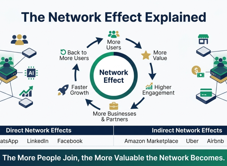 Infographic explaining the network effect with a growth flywheel, direct and indirect network effects, and real-world business examples.